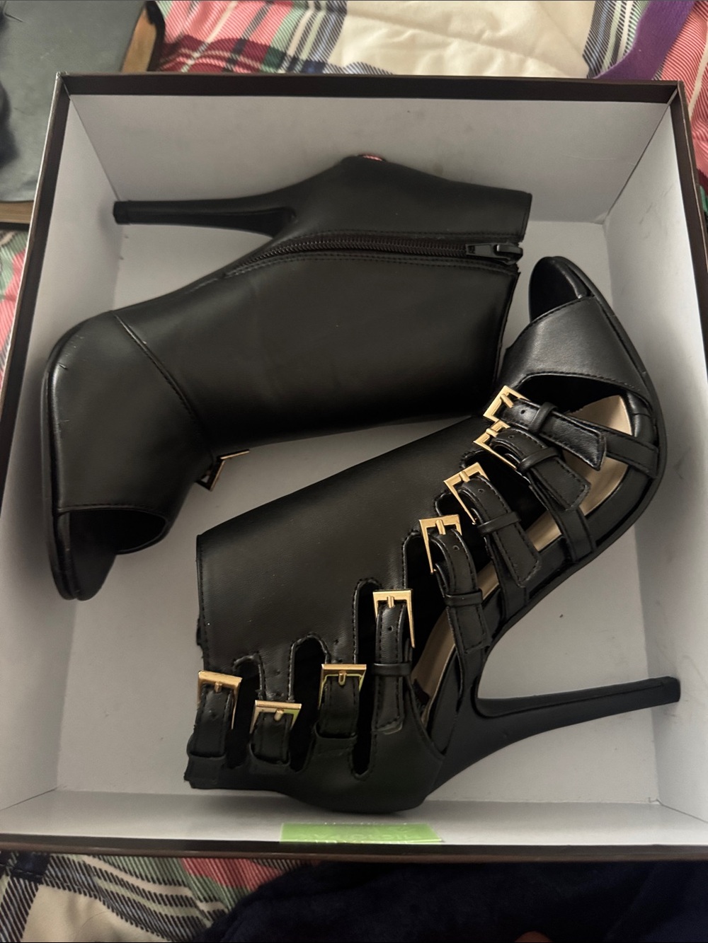 N.Y.L.A. Black Strappy Peep-Toe High Heel Booties with Gold Buckles